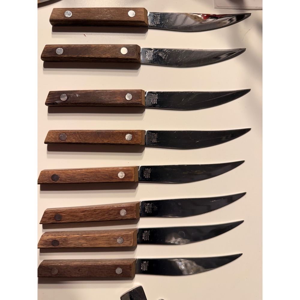 Vintage Vermco Steak Knives Set of 8 Hi-Carbon Stainless Japan Wood Handle 8.25"